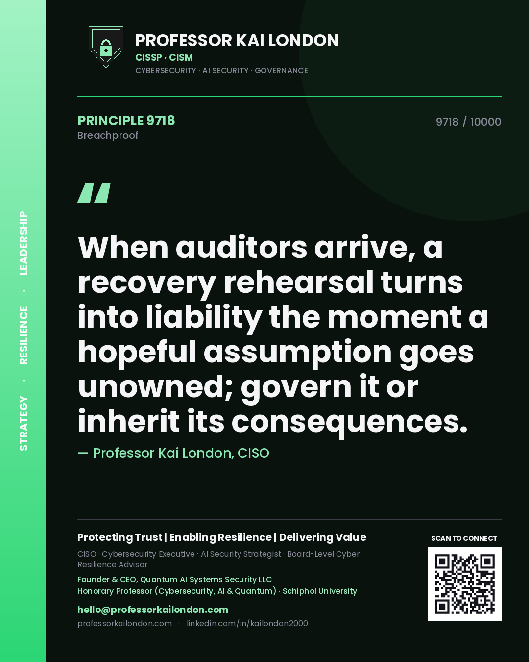 Professor Kai London principle 9718: When auditors arrive, a recovery rehearsal turns into liability the moment a hopeful assumption goes unowned; govern it or inherit its consequences.