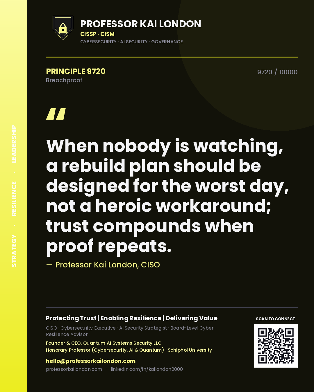 Professor Kai London principle 9720: When nobody is watching, a rebuild plan should be designed for the worst day, not a heroic workaround; trust compounds when proof repeats.