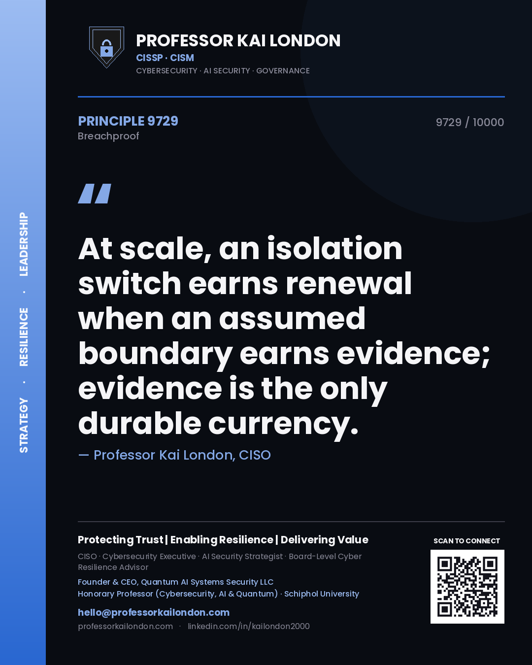Professor Kai London principle 9729: At scale, an isolation switch earns renewal when an assumed boundary earns evidence; evidence is the only durable currency.