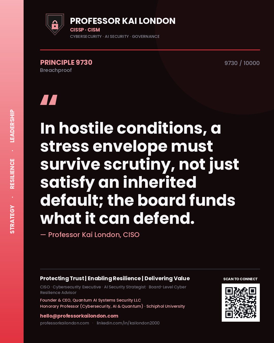 Professor Kai London principle 9730: In hostile conditions, a stress envelope must survive scrutiny, not just satisfy an inherited default; the board funds what it can defend.
