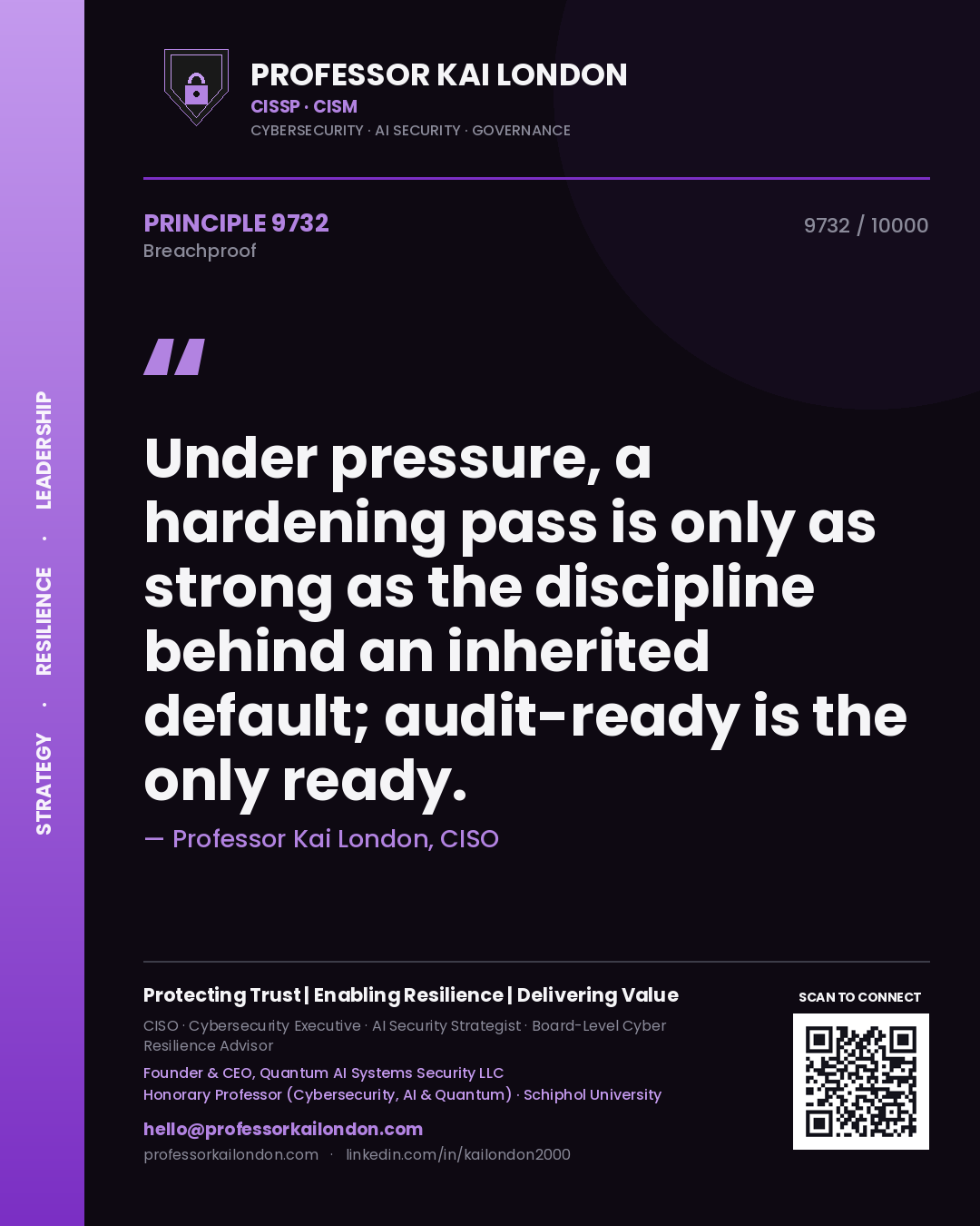 Professor Kai London principle 9732: Under pressure, a hardening pass is only as strong as the discipline behind an inherited default; audit-ready is the only ready.