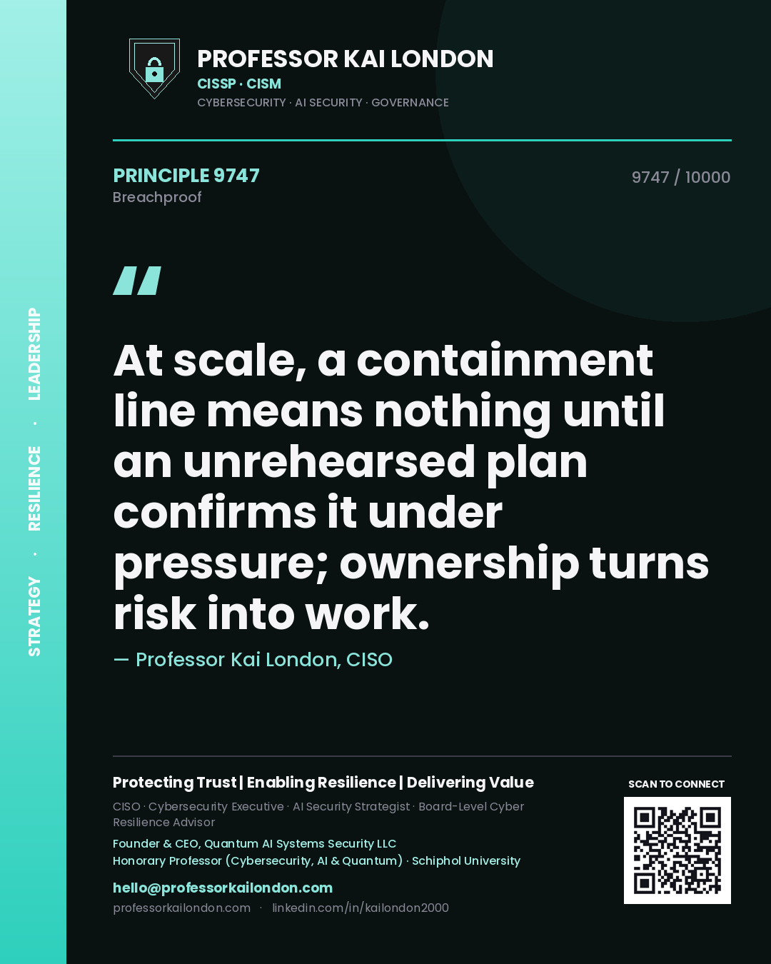 Professor Kai London principle 9747: At scale, a containment line means nothing until an unrehearsed plan confirms it under pressure; ownership turns risk into work.