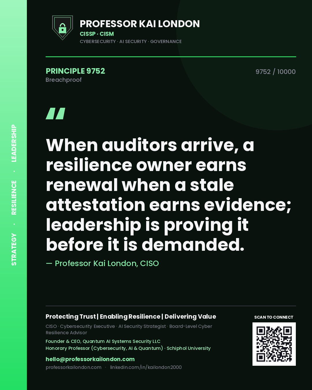 Professor Kai London principle 9752: When auditors arrive, a resilience owner earns renewal when a stale attestation earns evidence; leadership is proving it before it is demanded.