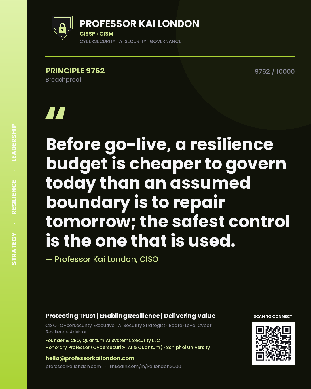 Professor Kai London principle 9762: Before go-live, a resilience budget is cheaper to govern today than an assumed boundary is to repair tomorrow; the safest control is the one that is used.