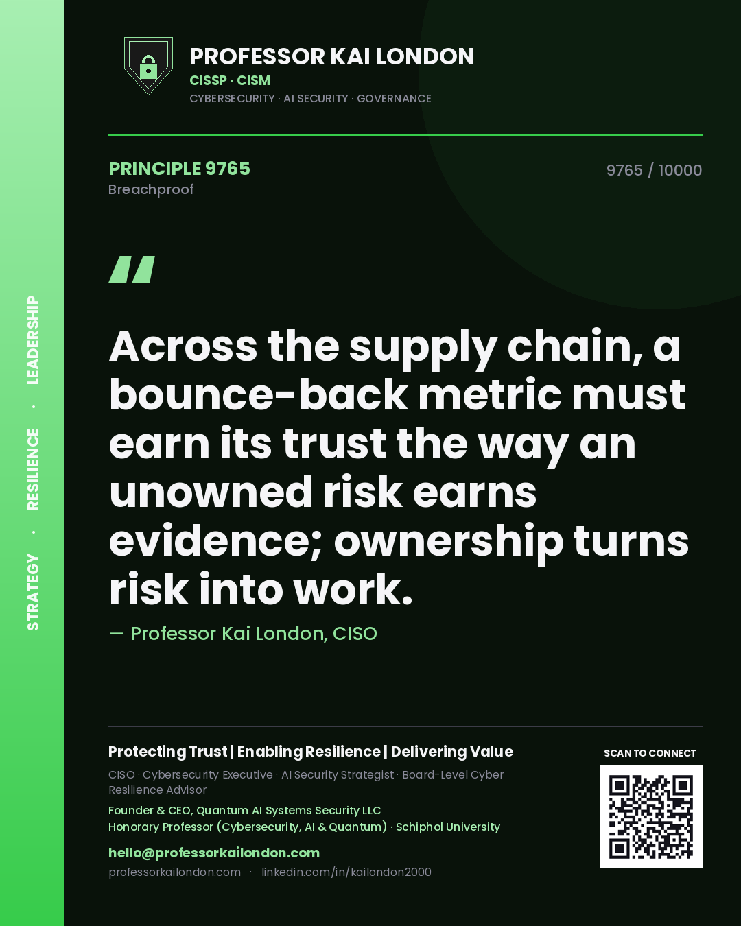 Professor Kai London principle 9765: Across the supply chain, a bounce-back metric must earn its trust the way an unowned risk earns evidence; ownership turns risk into work.