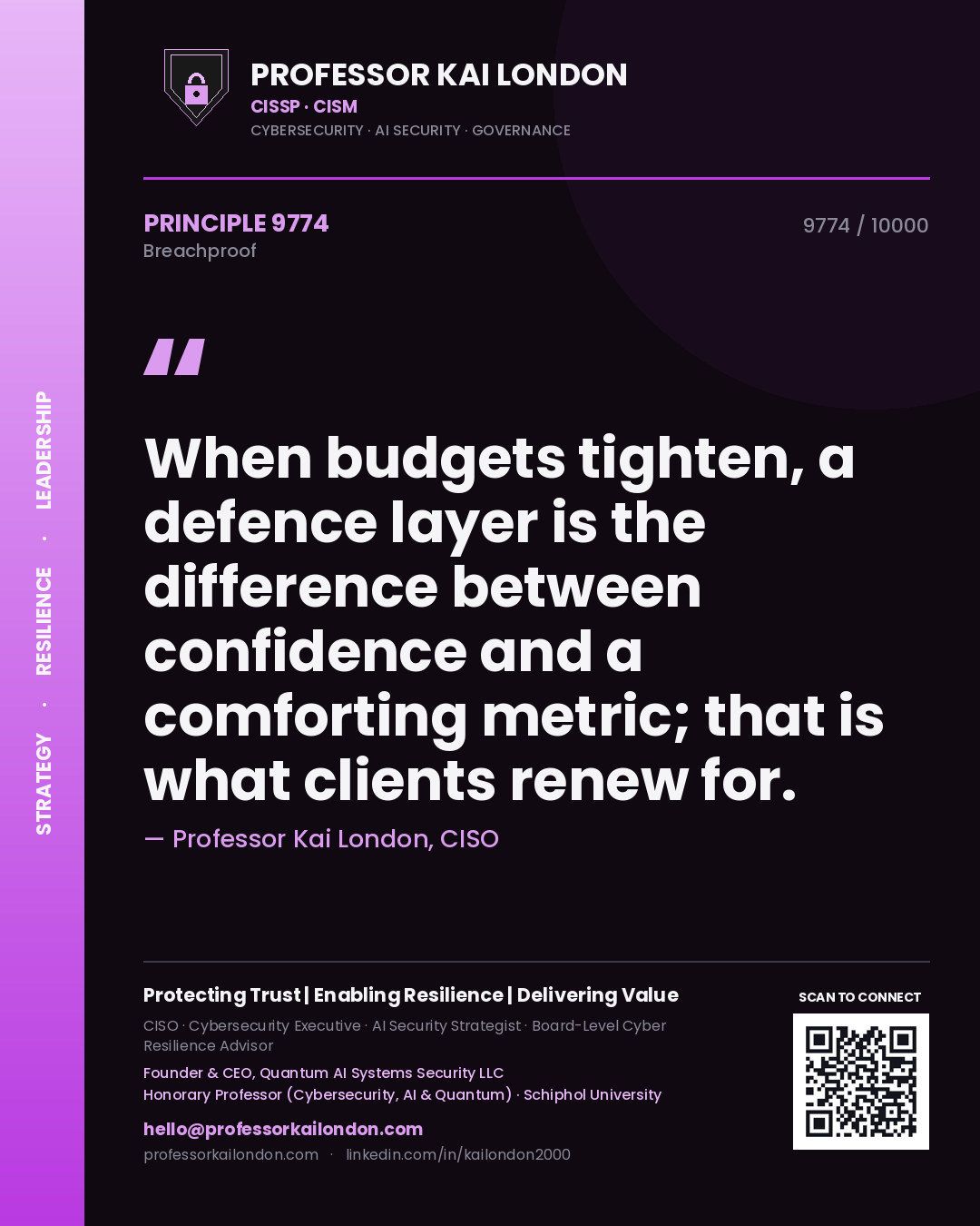 Professor Kai London principle 9774: When budgets tighten, a defence layer is the difference between confidence and a comforting metric; that is what clients renew for.