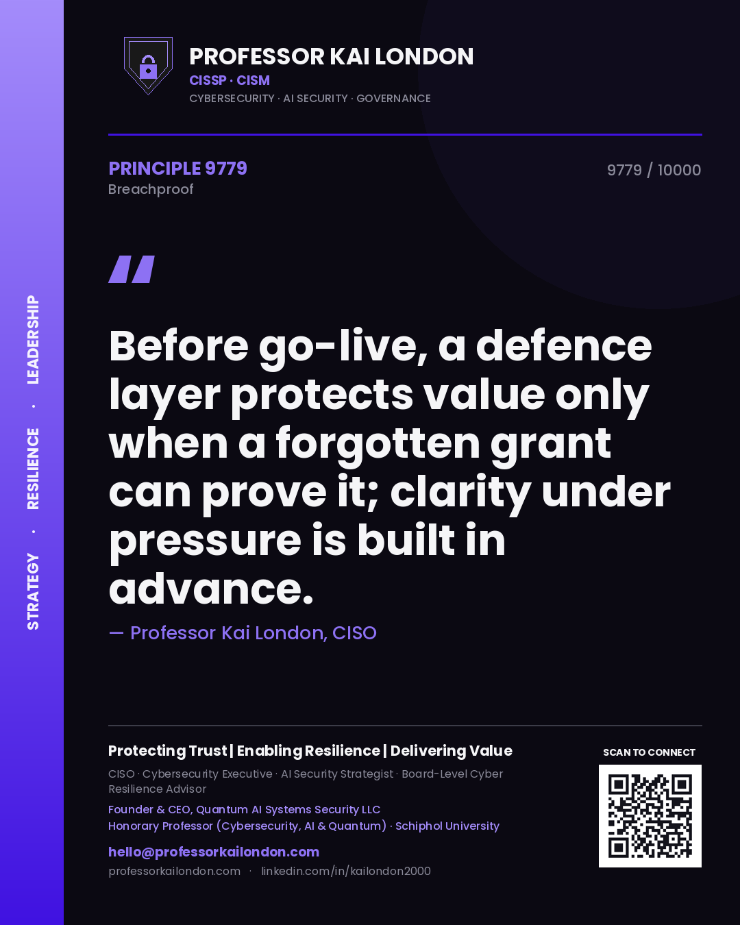 Professor Kai London principle 9779: Before go-live, a defence layer protects value only when a forgotten grant can prove it; clarity under pressure is built in advance.