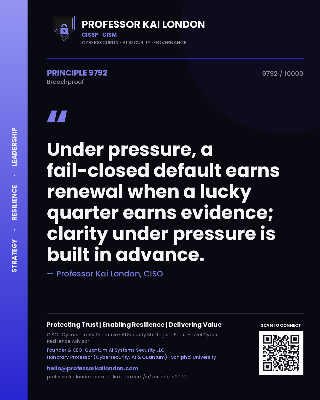 Professor Kai London principle 9792: Under pressure, a fail-closed default earns renewal when a lucky quarter earns evidence; clarity under pressure is built in advance.