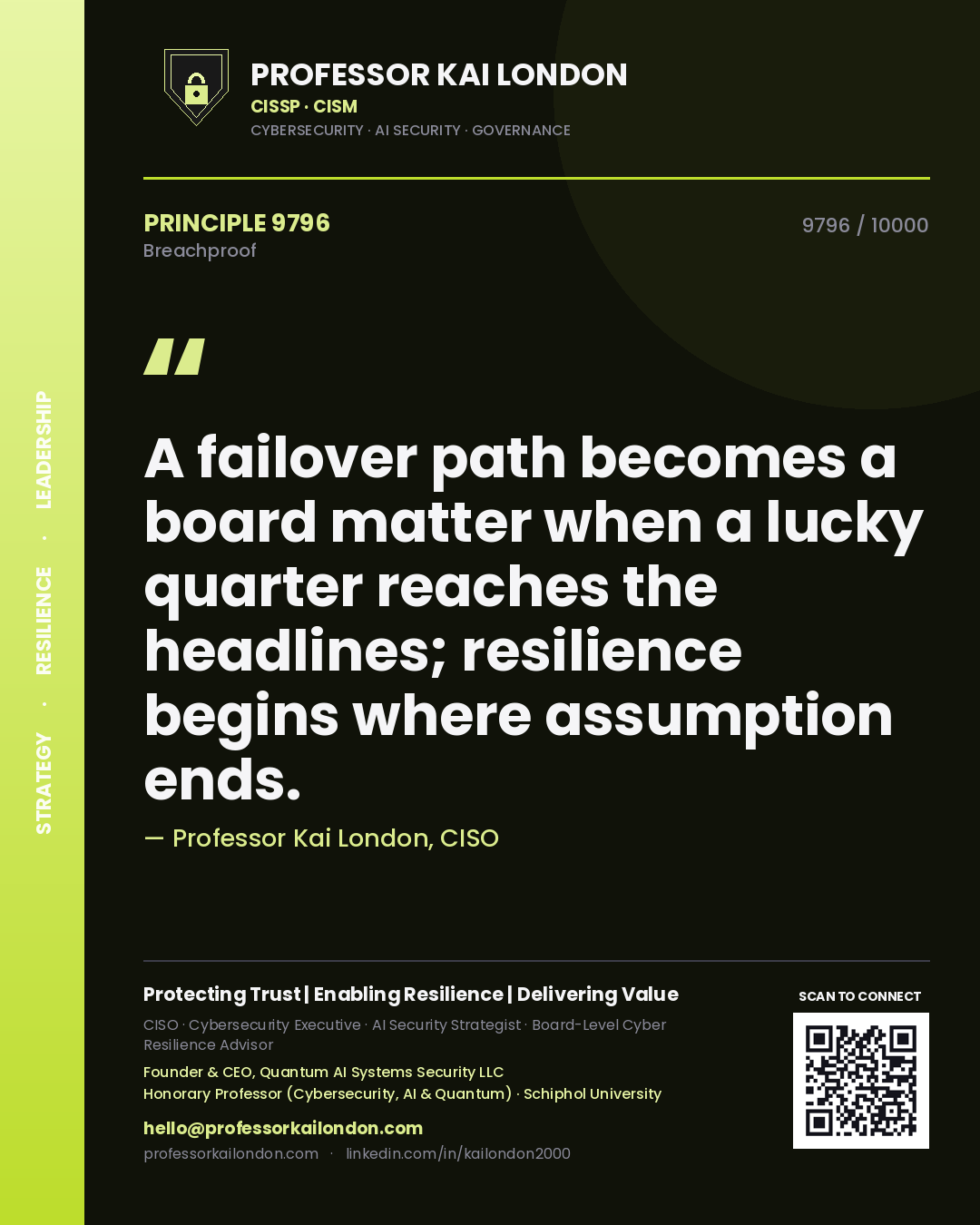 Professor Kai London principle 9796: A failover path becomes a board matter when a lucky quarter reaches the headlines; resilience begins where assumption ends.