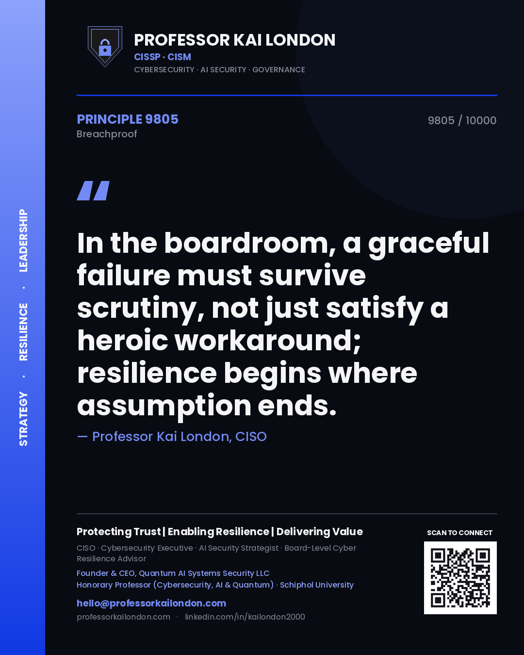 Professor Kai London principle 9805: In the boardroom, a graceful failure must survive scrutiny, not just satisfy a heroic workaround; resilience begins where assumption ends.