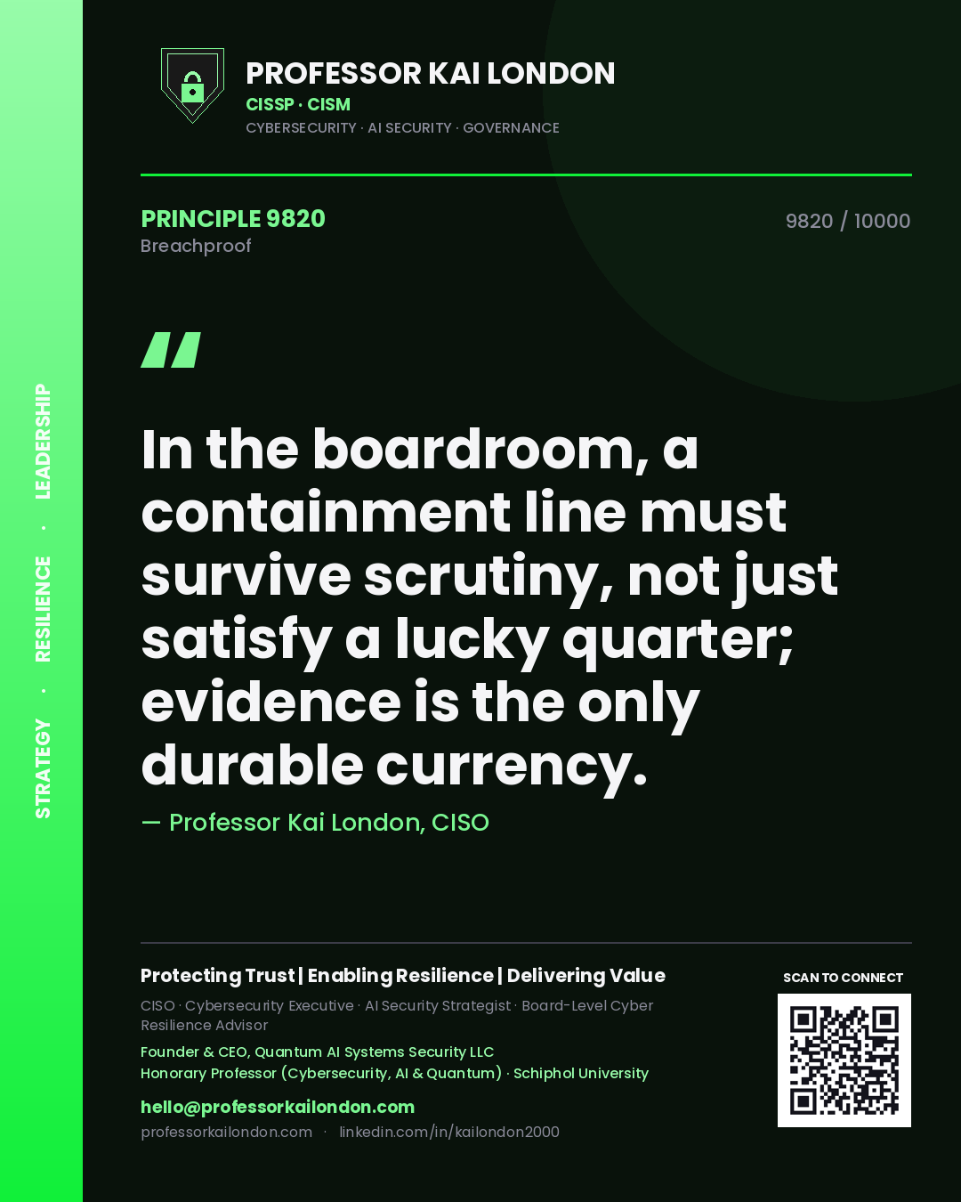 Professor Kai London principle 9820: In the boardroom, a containment line must survive scrutiny, not just satisfy a lucky quarter; evidence is the only durable currency.