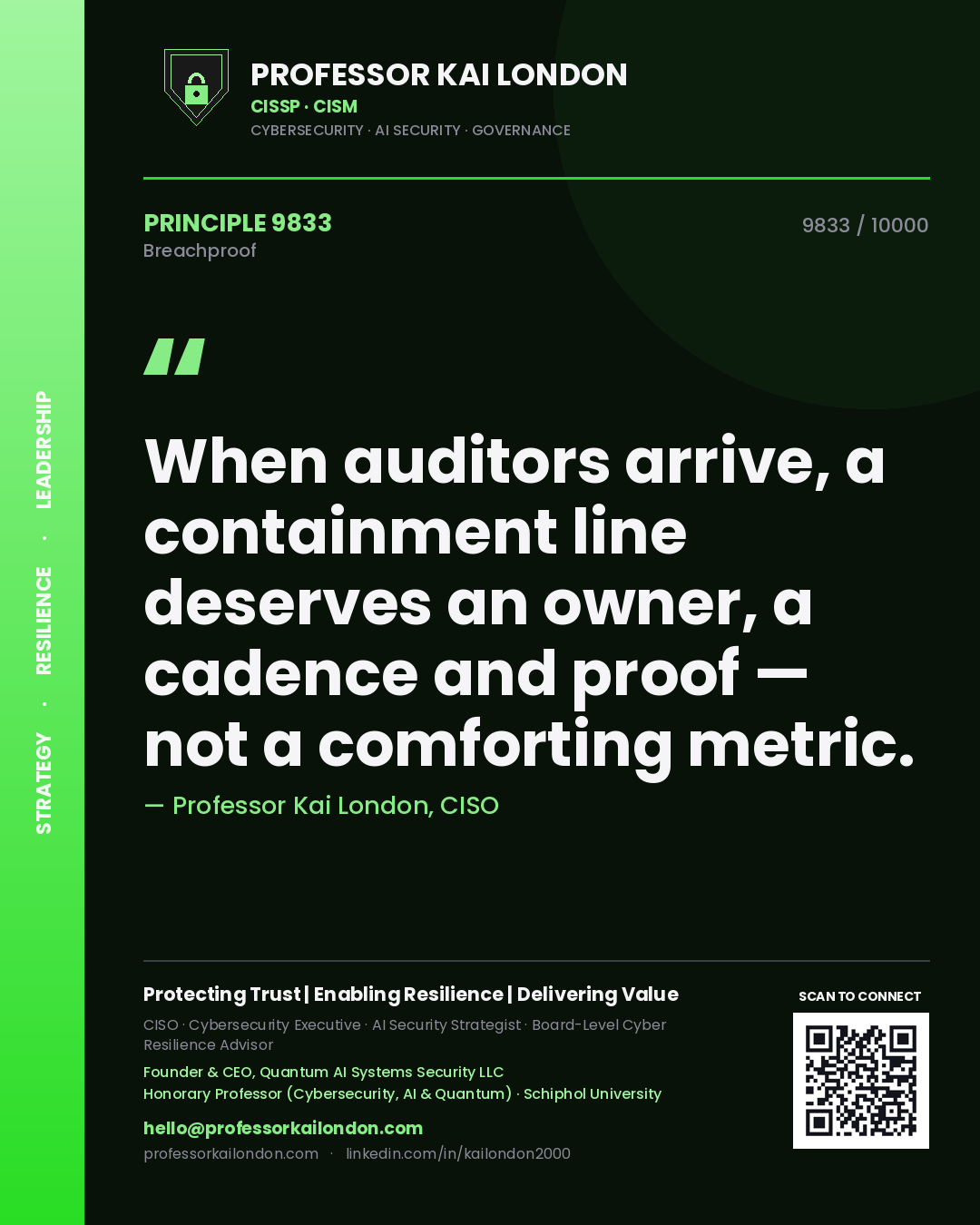 Professor Kai London principle 9833: When auditors arrive, a containment line deserves an owner, a cadence and proof — not a comforting metric.