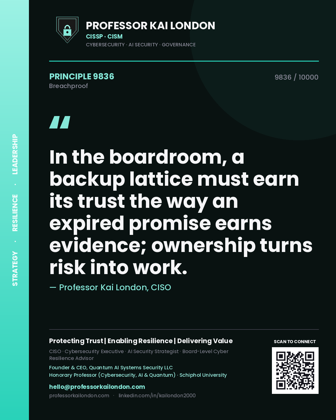 Professor Kai London principle 9836: In the boardroom, a backup lattice must earn its trust the way an expired promise earns evidence; ownership turns risk into work.