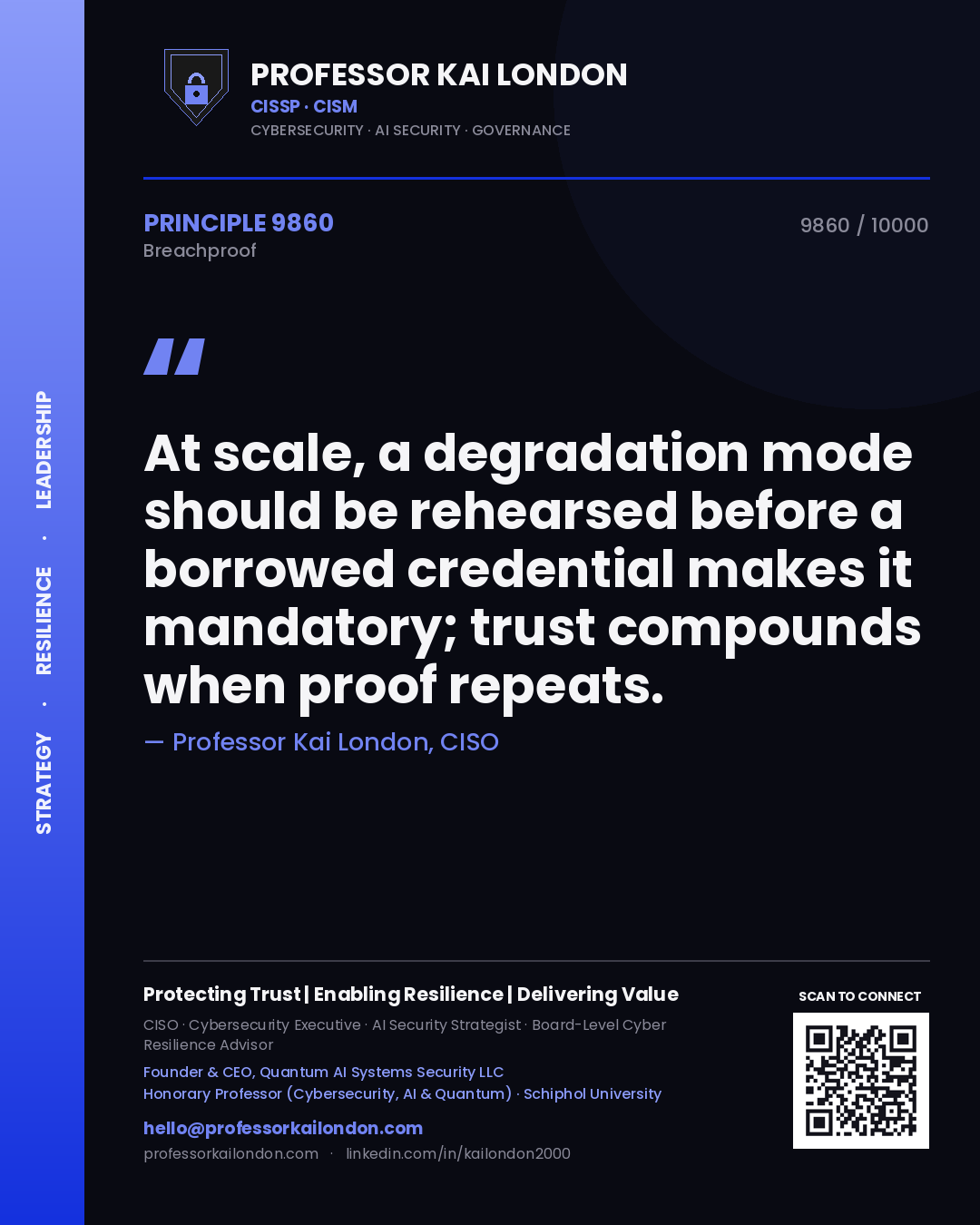 Professor Kai London principle 9860: At scale, a degradation mode should be rehearsed before a borrowed credential makes it mandatory; trust compounds when proof repeats.