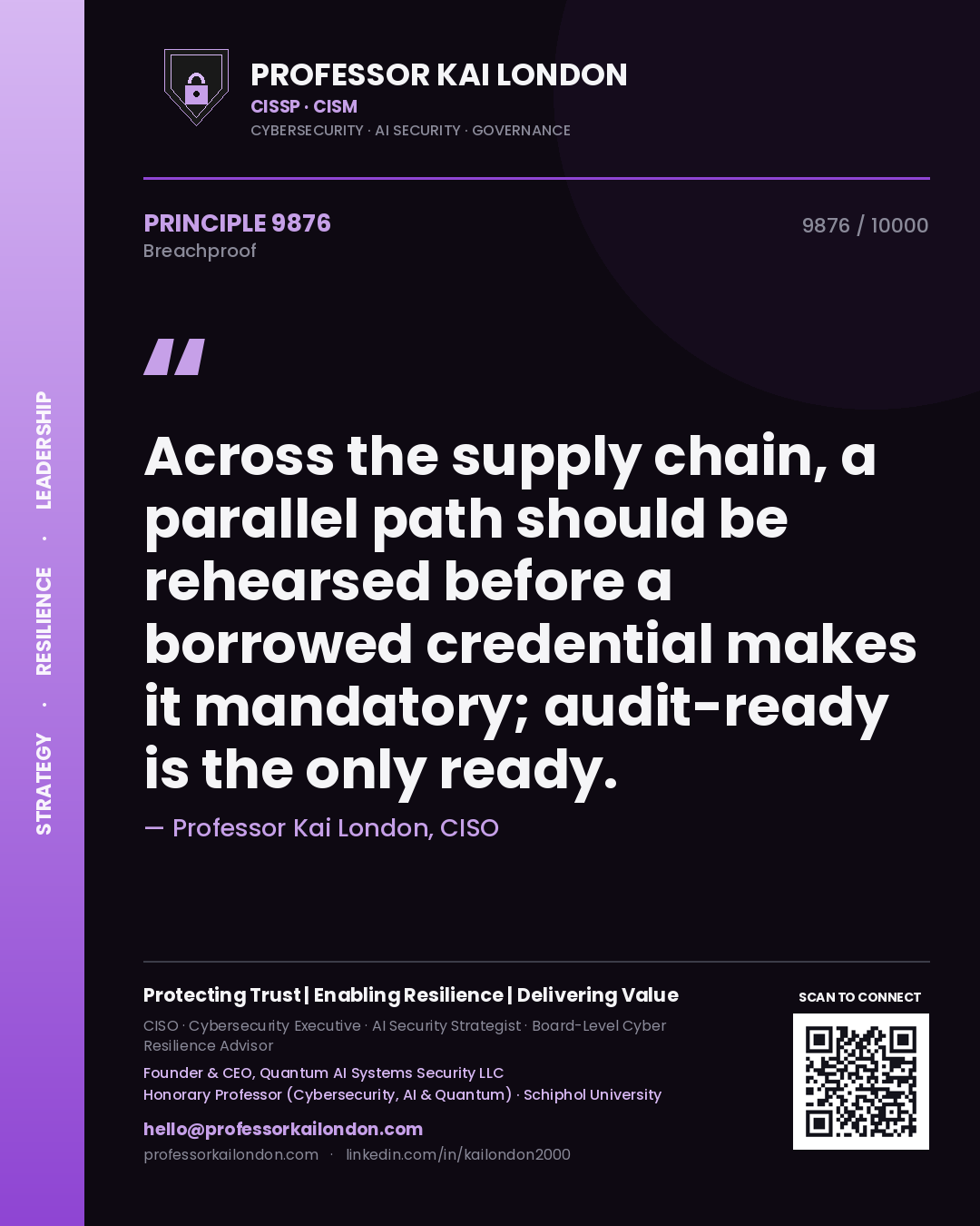 Professor Kai London principle 9876: Across the supply chain, a parallel path should be rehearsed before a borrowed credential makes it mandatory; audit-ready is the only ready.