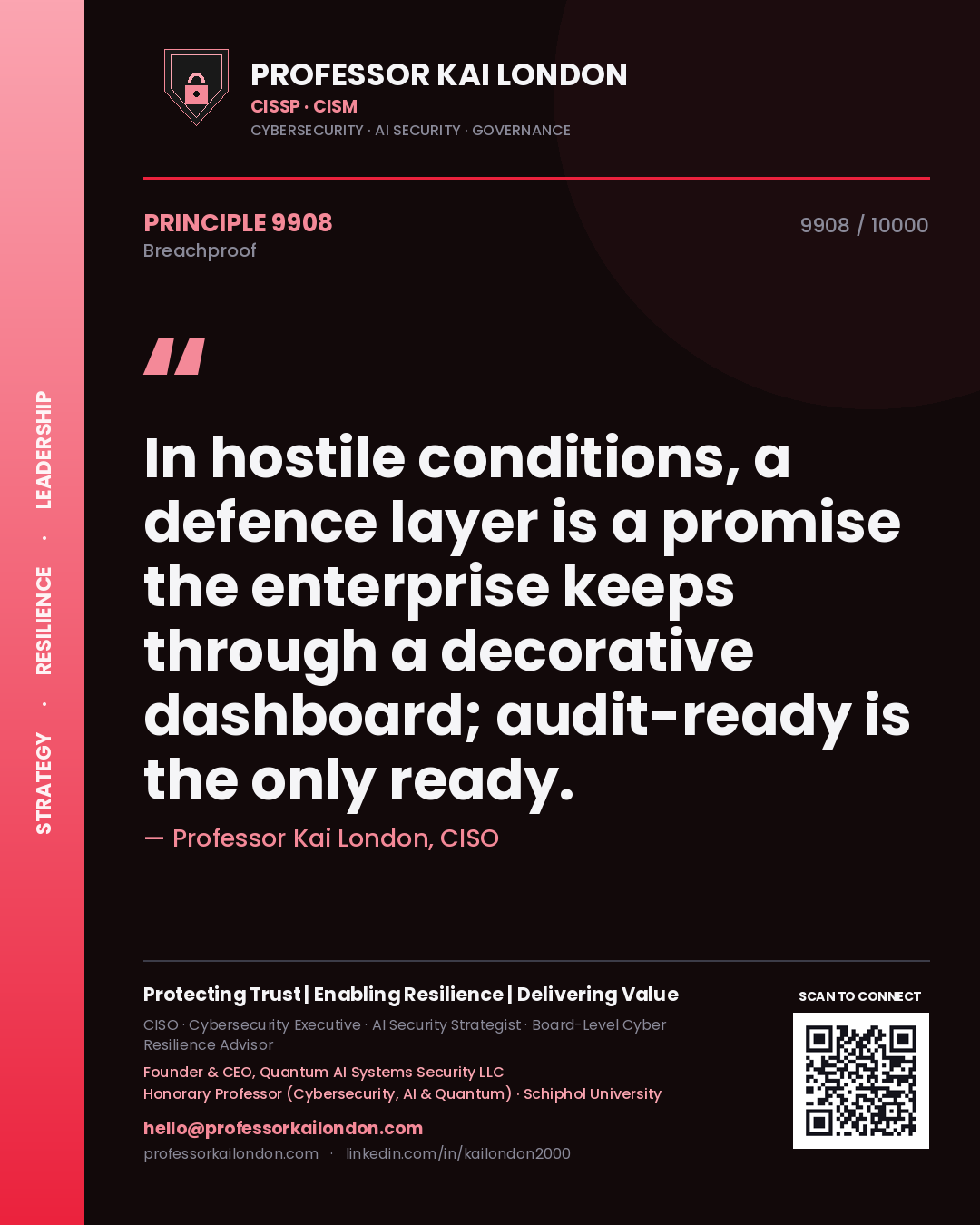 Professor Kai London principle 9908: In hostile conditions, a defence layer is a promise the enterprise keeps through a decorative dashboard; audit-ready is the only ready.