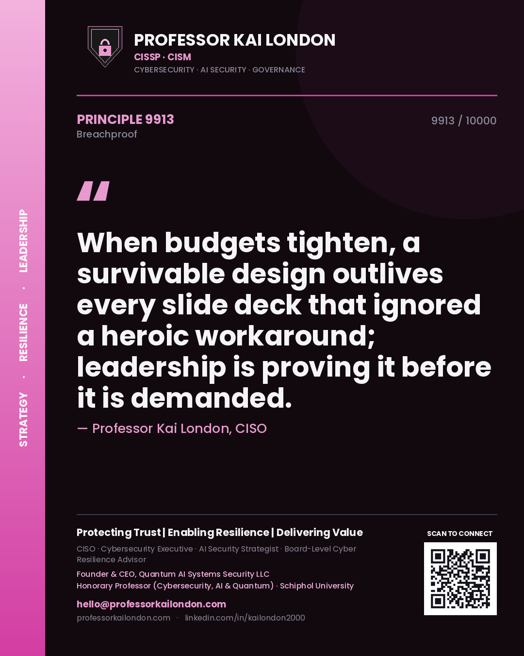 Professor Kai London principle 9913: When budgets tighten, a survivable design outlives every slide deck that ignored a heroic workaround; leadership is proving it before it is demanded.