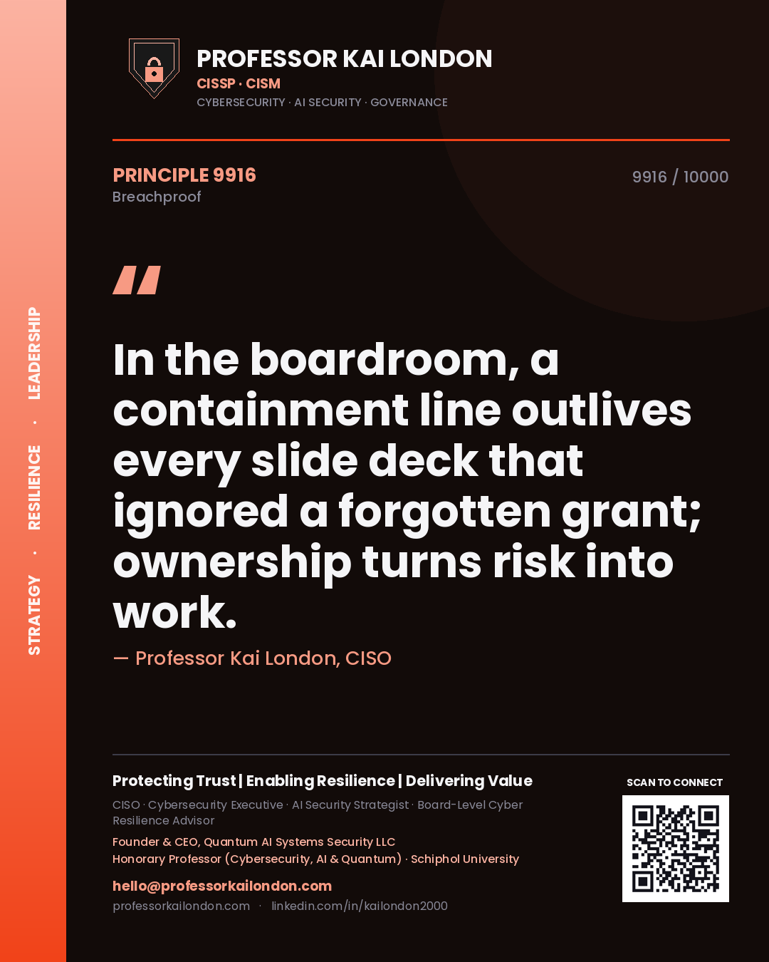 Professor Kai London principle 9916: In the boardroom, a containment line outlives every slide deck that ignored a forgotten grant; ownership turns risk into work.