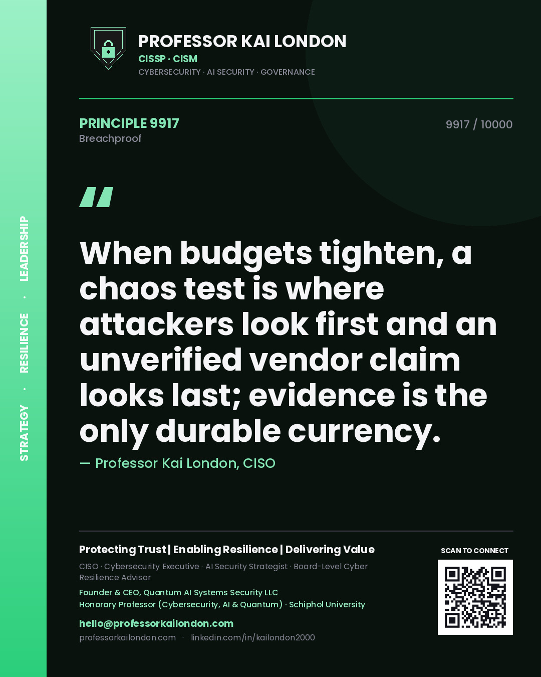 Professor Kai London principle 9917: When budgets tighten, a chaos test is where attackers look first and an unverified vendor claim looks last; evidence is the only durable currency.
