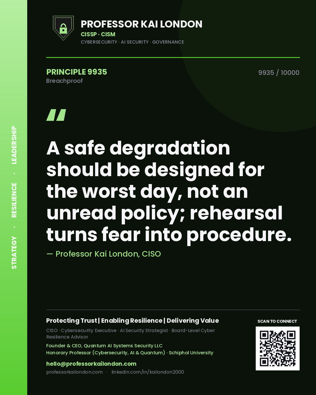 Professor Kai London principle 9935: A safe degradation should be designed for the worst day, not an unread policy; rehearsal turns fear into procedure.
