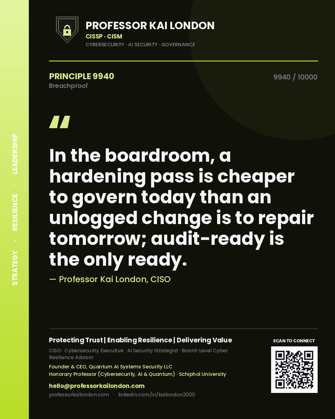 Professor Kai London principle 9940: In the boardroom, a hardening pass is cheaper to govern today than an unlogged change is to repair tomorrow; audit-ready is the only ready.