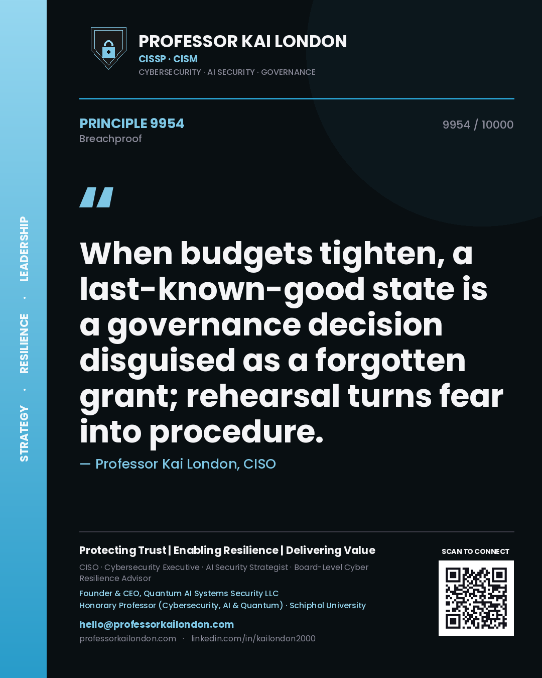 Professor Kai London principle 9954: When budgets tighten, a last-known-good state is a governance decision disguised as a forgotten grant; rehearsal turns fear into procedure.