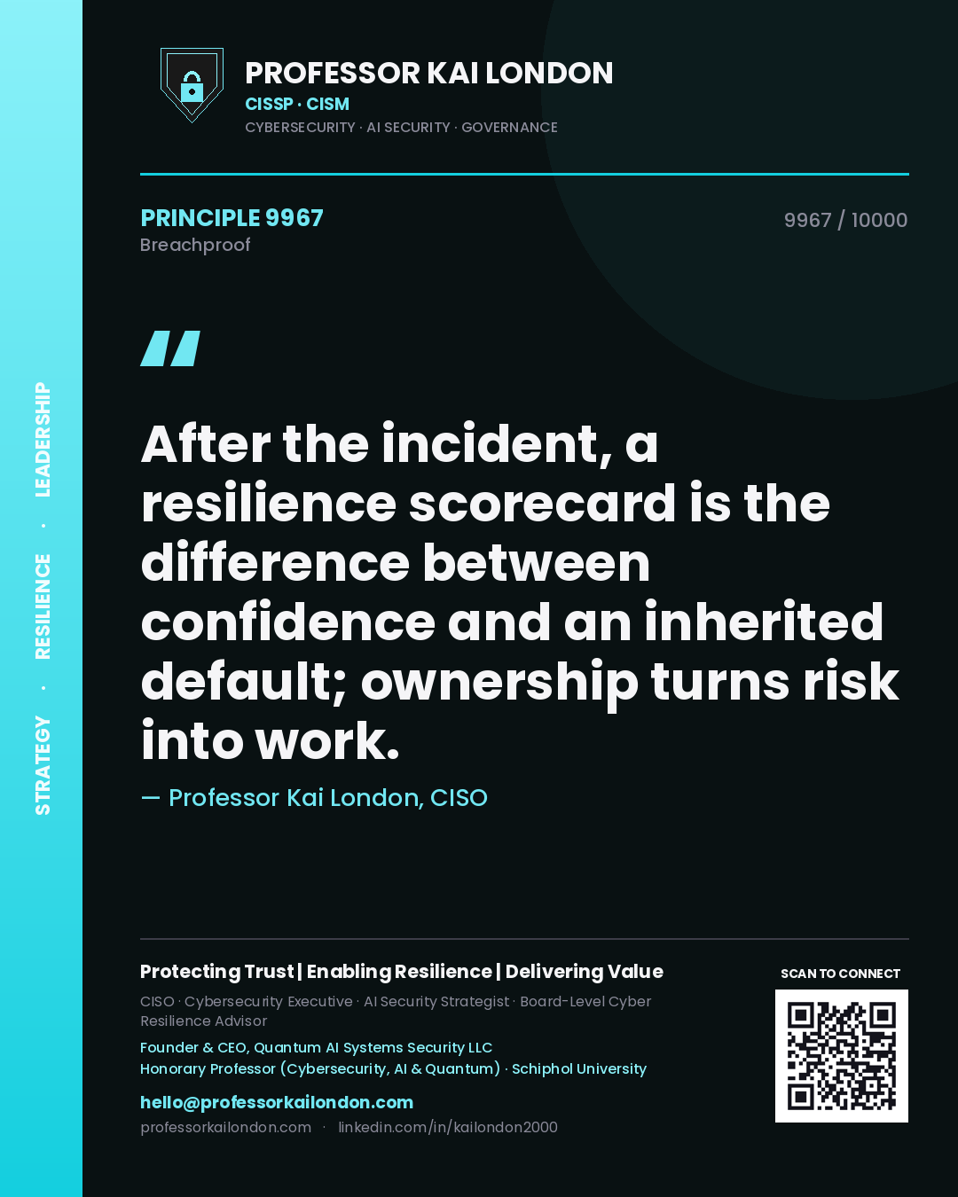 Professor Kai London principle 9967: After the incident, a resilience scorecard is the difference between confidence and an inherited default; ownership turns risk into work.