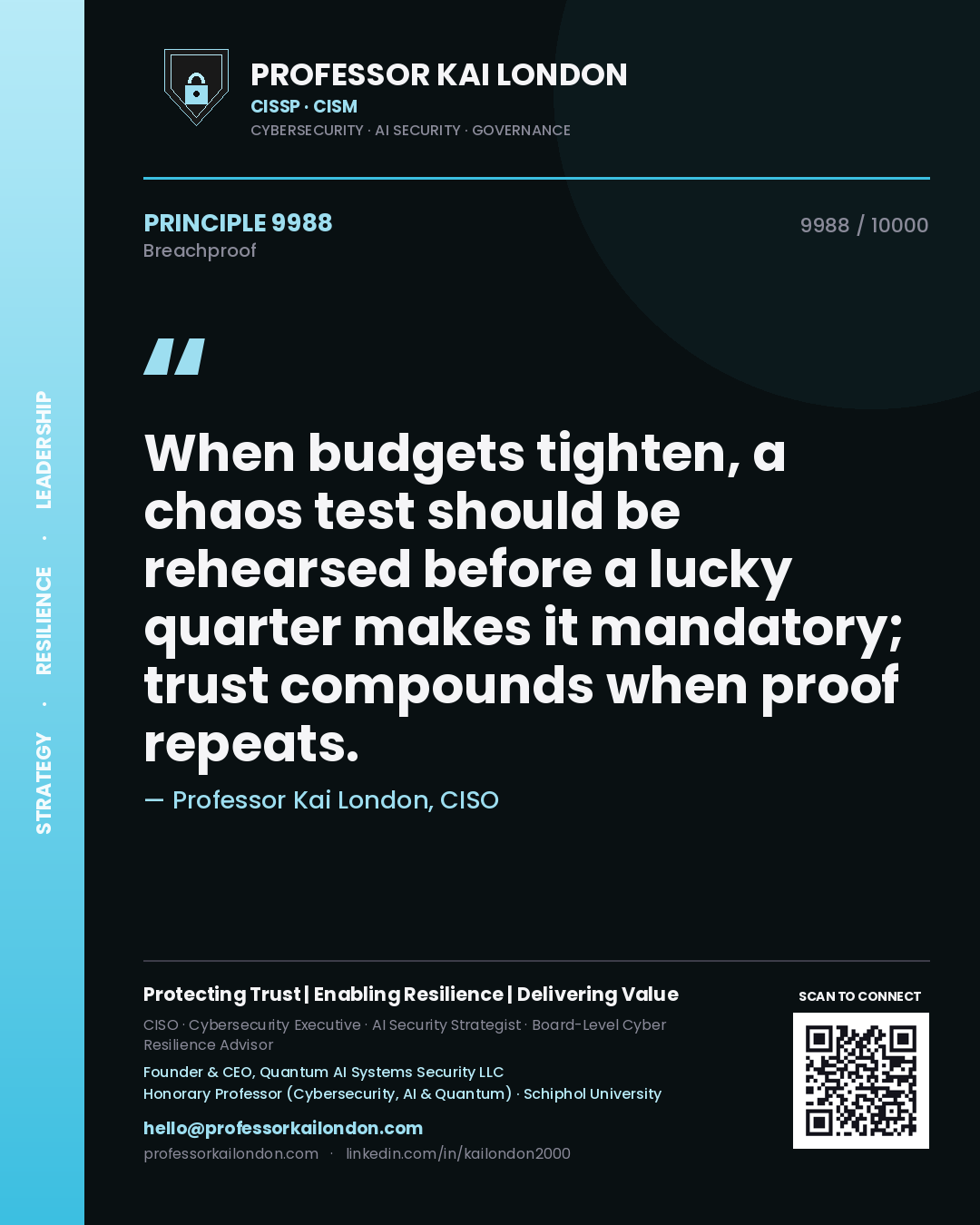 Professor Kai London principle 9988: When budgets tighten, a chaos test should be rehearsed before a lucky quarter makes it mandatory; trust compounds when proof repeats.