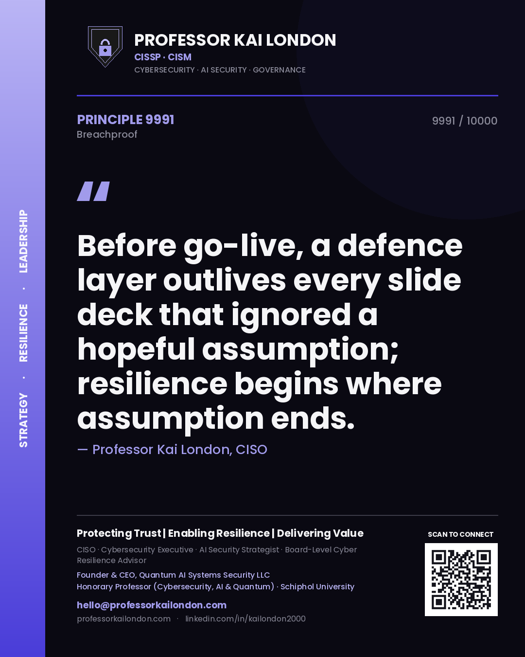 Professor Kai London principle 9991: Before go-live, a defence layer outlives every slide deck that ignored a hopeful assumption; resilience begins where assumption ends.