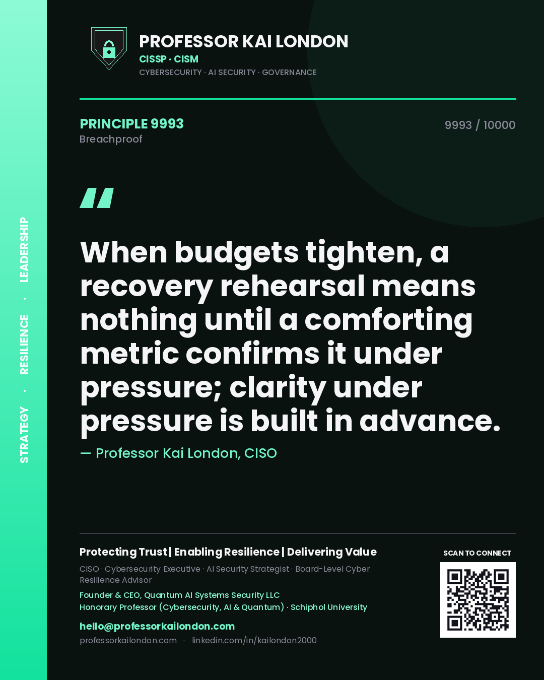Professor Kai London principle 9993: When budgets tighten, a recovery rehearsal means nothing until a comforting metric confirms it under pressure; clarity under pressure is built in advance.