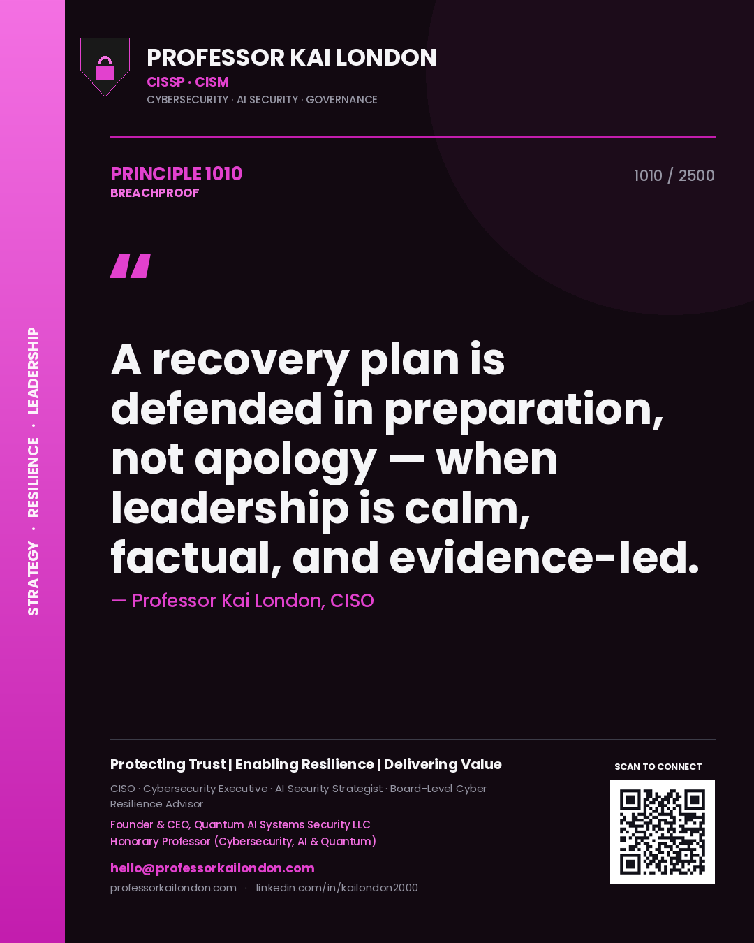 Professor Kai London principle 1010: A recovery plan is defended in preparation, not apology — when leadership is calm, factual, and evidence-led.