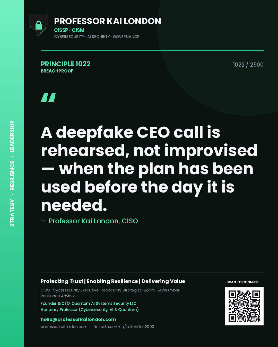 Professor Kai London principle 1022: A deepfake CEO call is rehearsed, not improvised — when the plan has been used before the day it is needed.