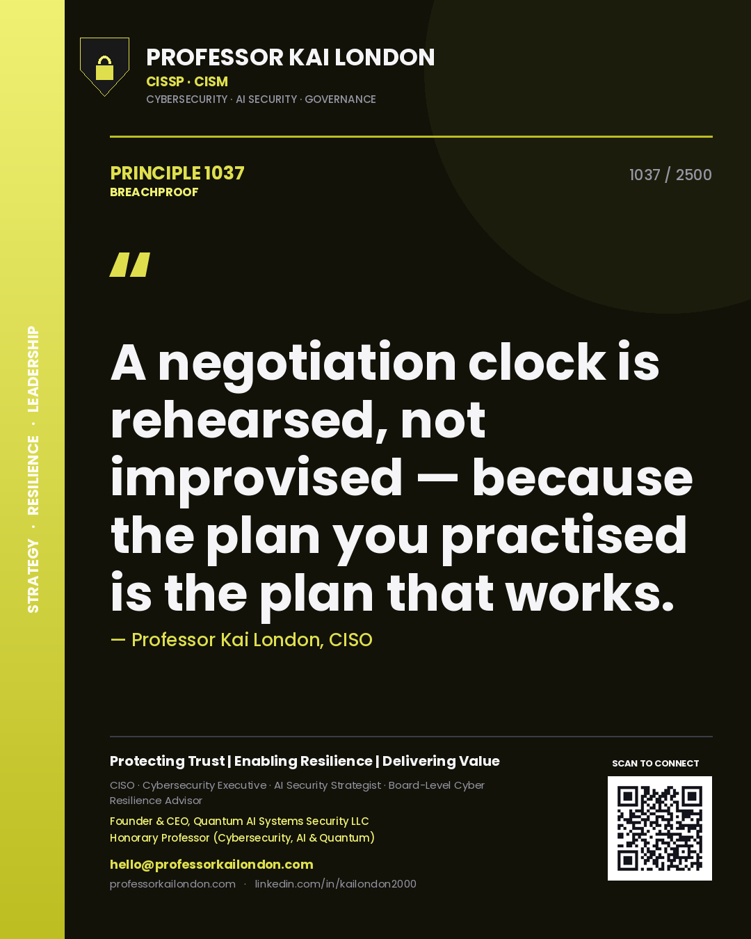 Professor Kai London principle 1037: A negotiation clock is rehearsed, not improvised — because the plan you practised is the plan that works.