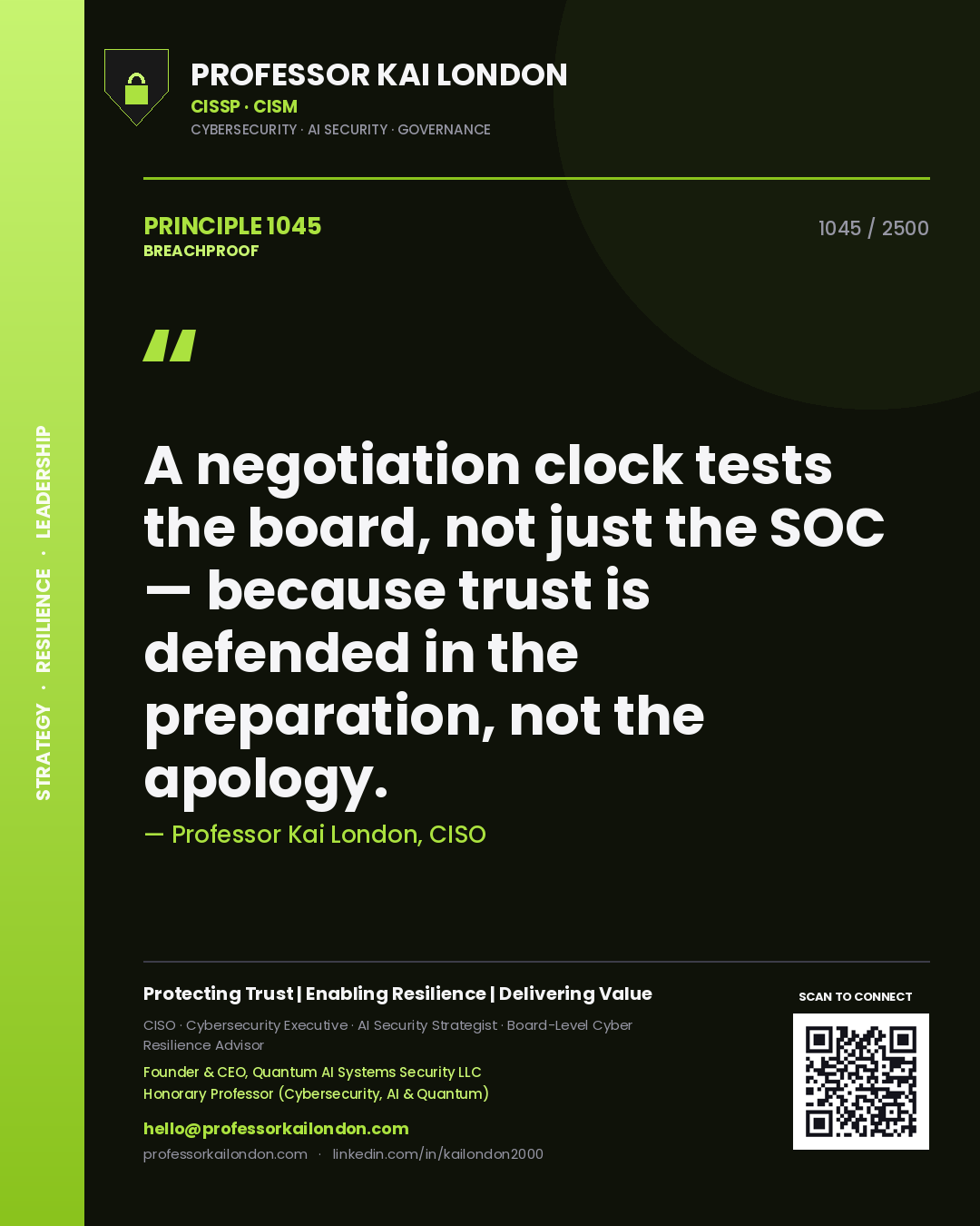 Professor Kai London principle 1045: A negotiation clock tests the board, not just the SOC — because trust is defended in the preparation, not the apology.