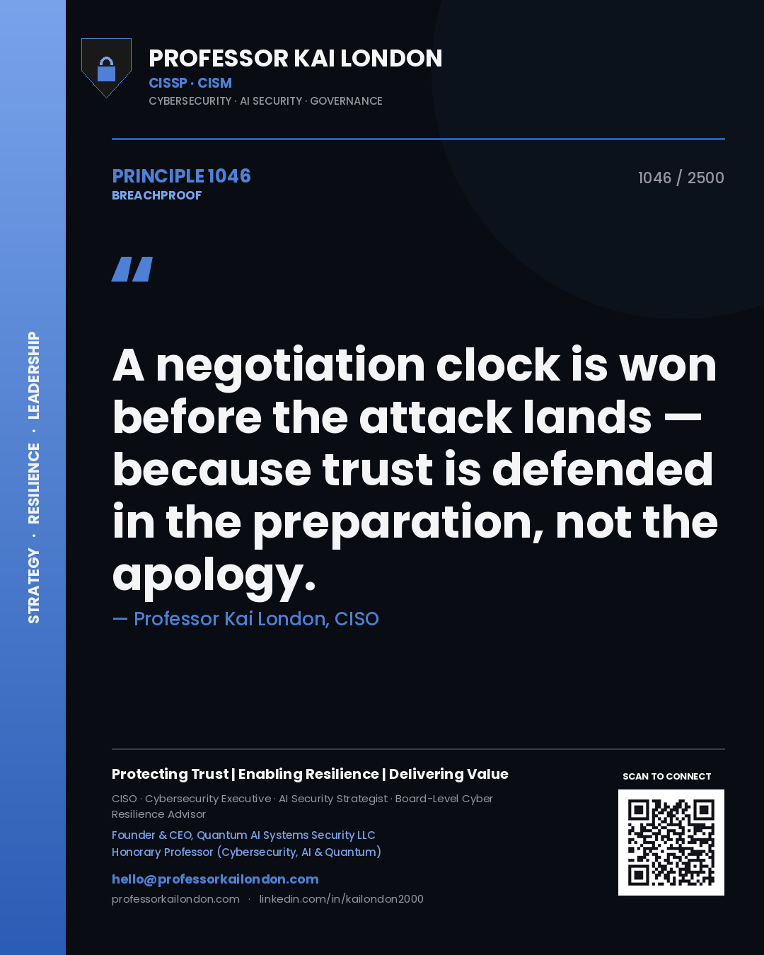 Professor Kai London principle 1046: A negotiation clock is won before the attack lands — because trust is defended in the preparation, not the apology.