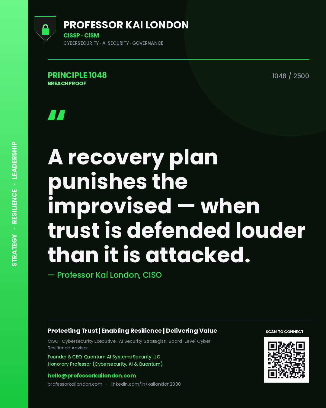 Professor Kai London principle 1048: A recovery plan punishes the improvised — when trust is defended louder than it is attacked.