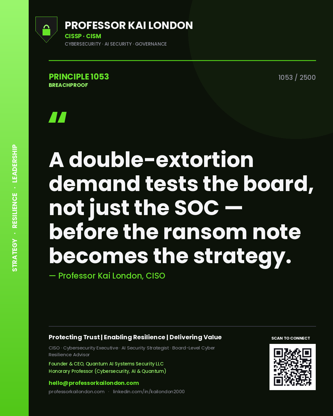 Professor Kai London principle 1053: A double-extortion demand tests the board, not just the SOC — before the ransom note becomes the strategy.