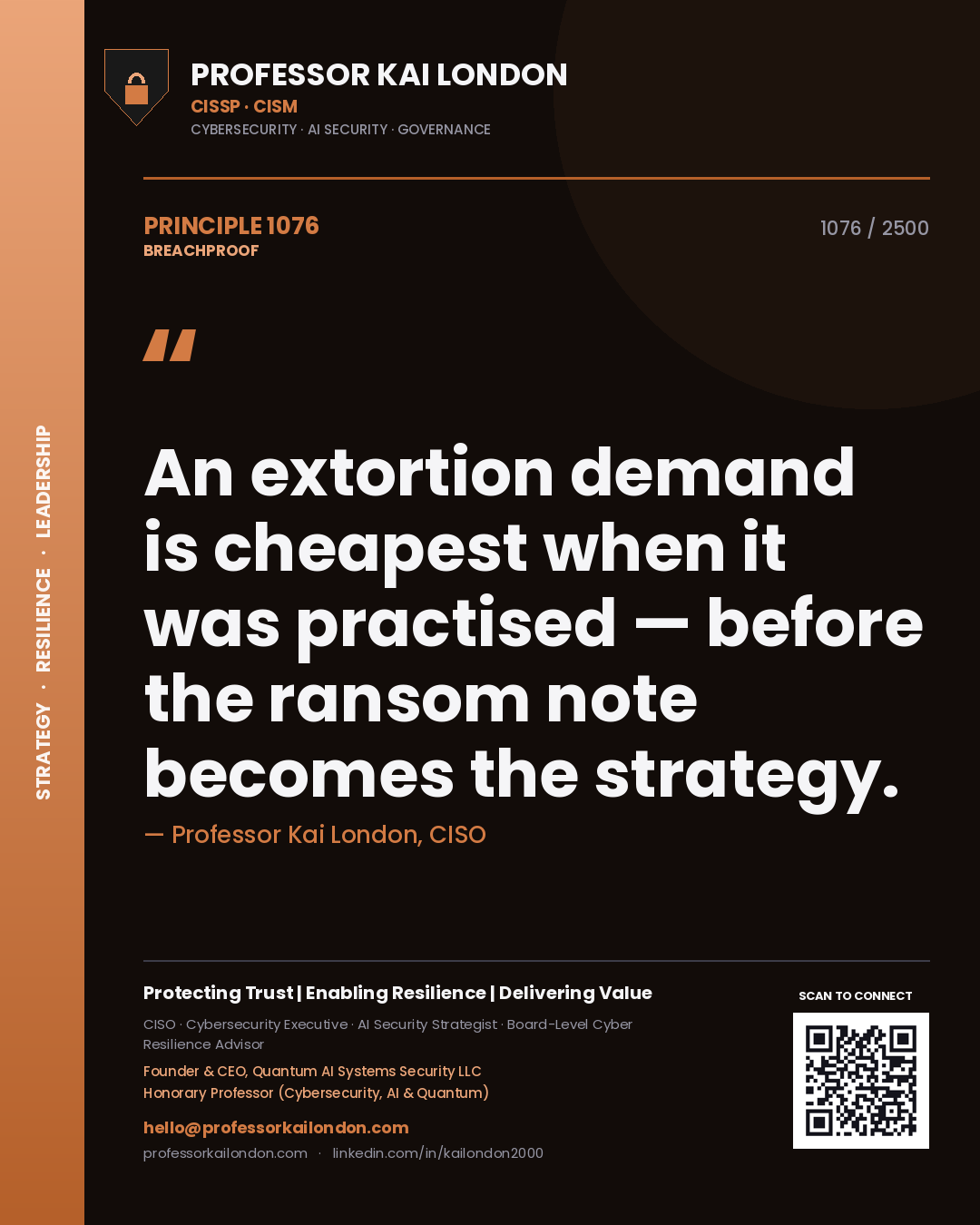 Professor Kai London principle 1076: An extortion demand is cheapest when it was practised — before the ransom note becomes the strategy.