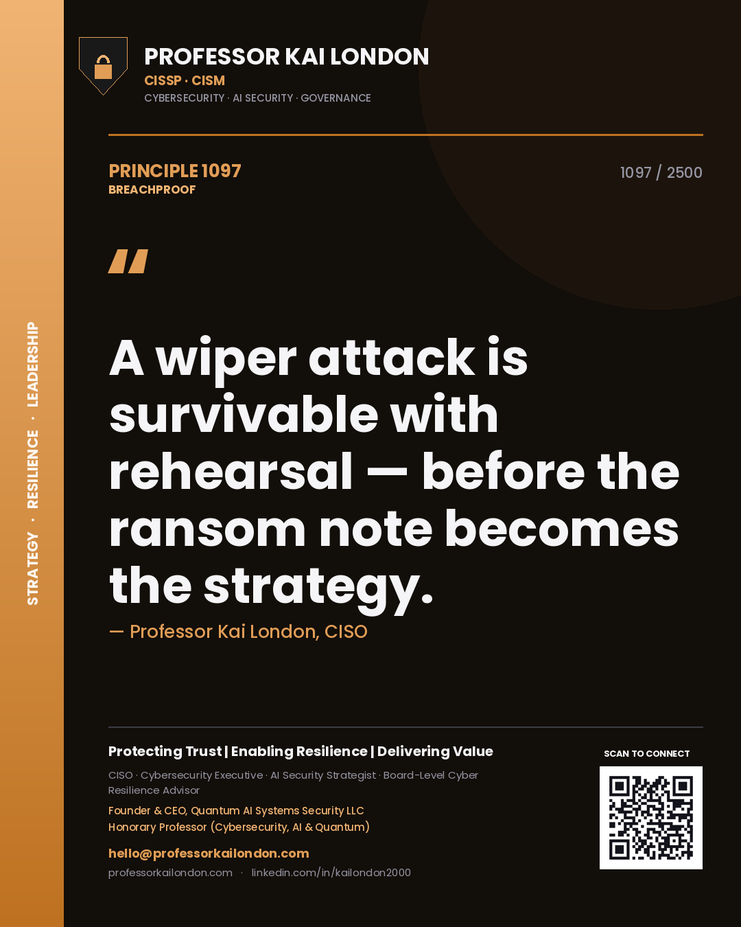 Professor Kai London principle 1097: A wiper attack is survivable with rehearsal — before the ransom note becomes the strategy.