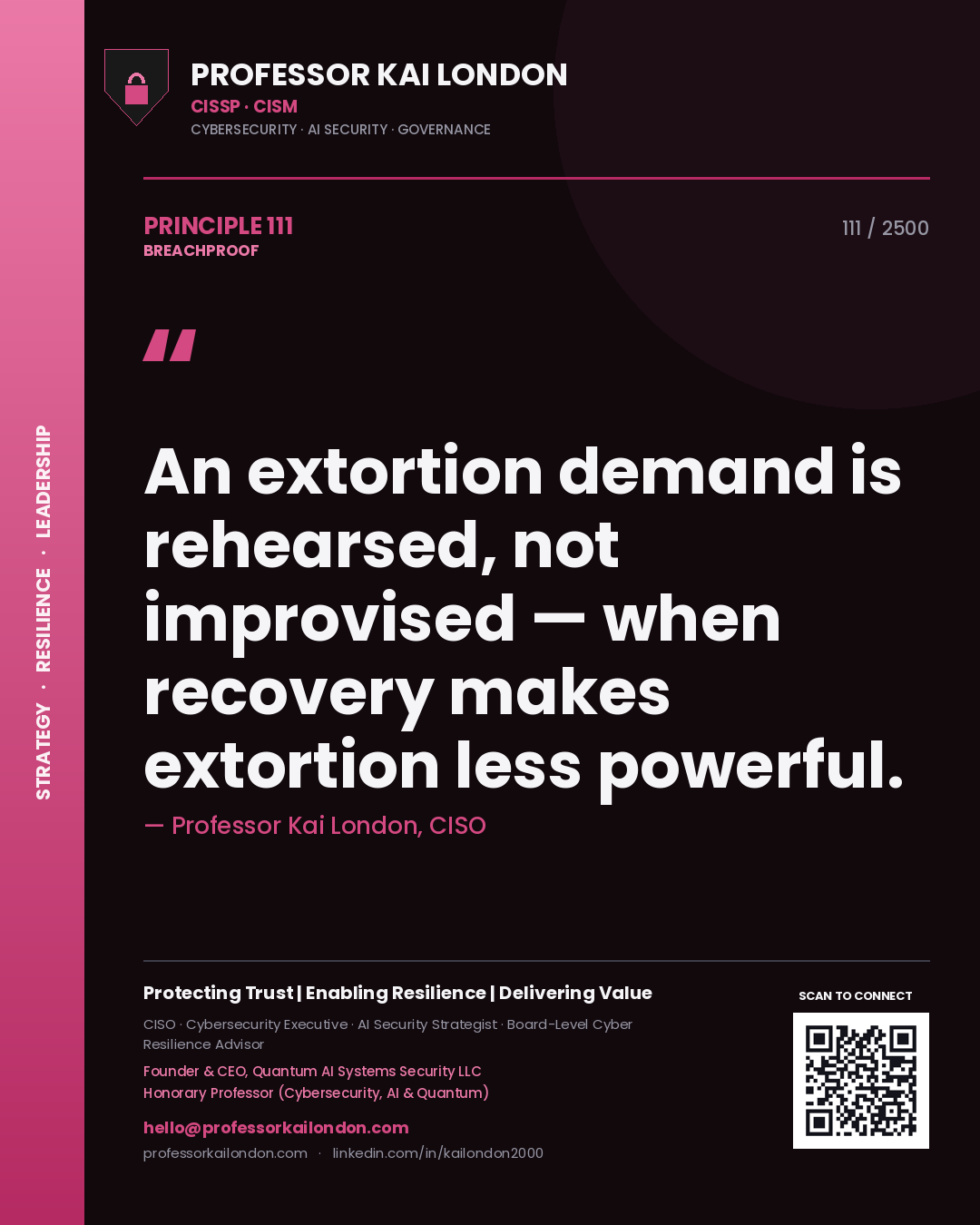 Professor Kai London principle 111: An extortion demand is rehearsed, not improvised — when recovery makes extortion less powerful.