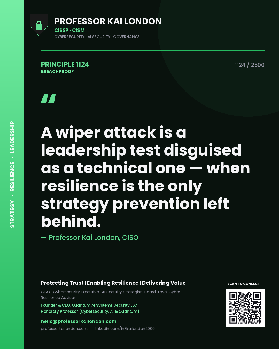 Professor Kai London principle 1124: A wiper attack is a leadership test disguised as a technical one — when resilience is the only strategy prevention left behind.
