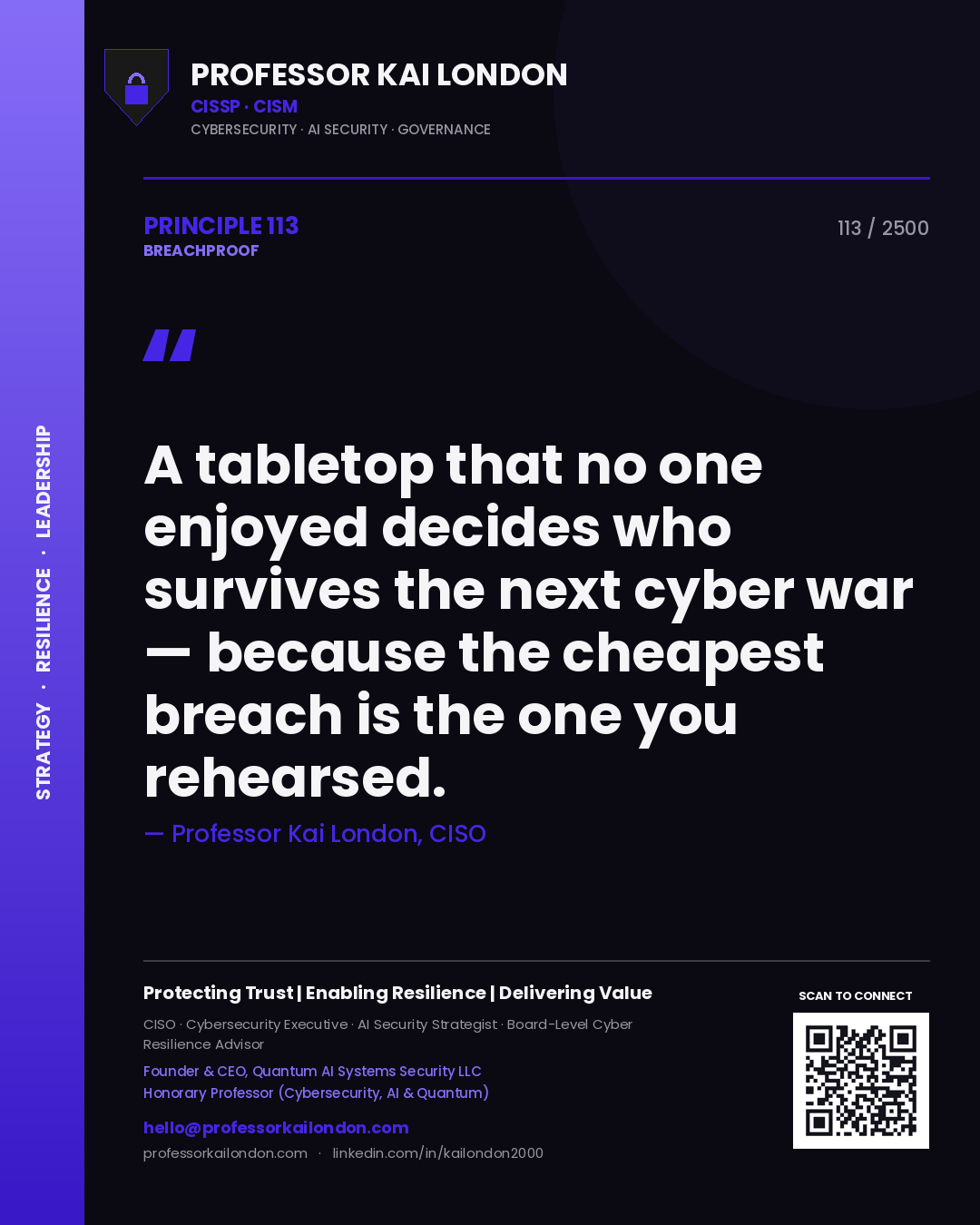 Professor Kai London principle 113: A tabletop that no one enjoyed decides who survives the next cyber war — because the cheapest breach is the one you rehearsed.