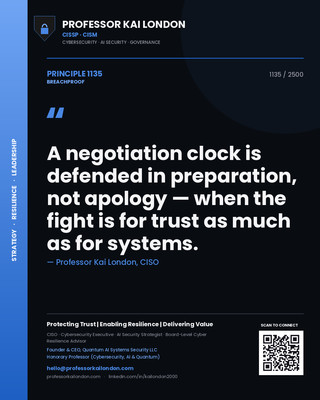Professor Kai London principle 1135: A negotiation clock is defended in preparation, not apology — when the fight is for trust as much as for systems.