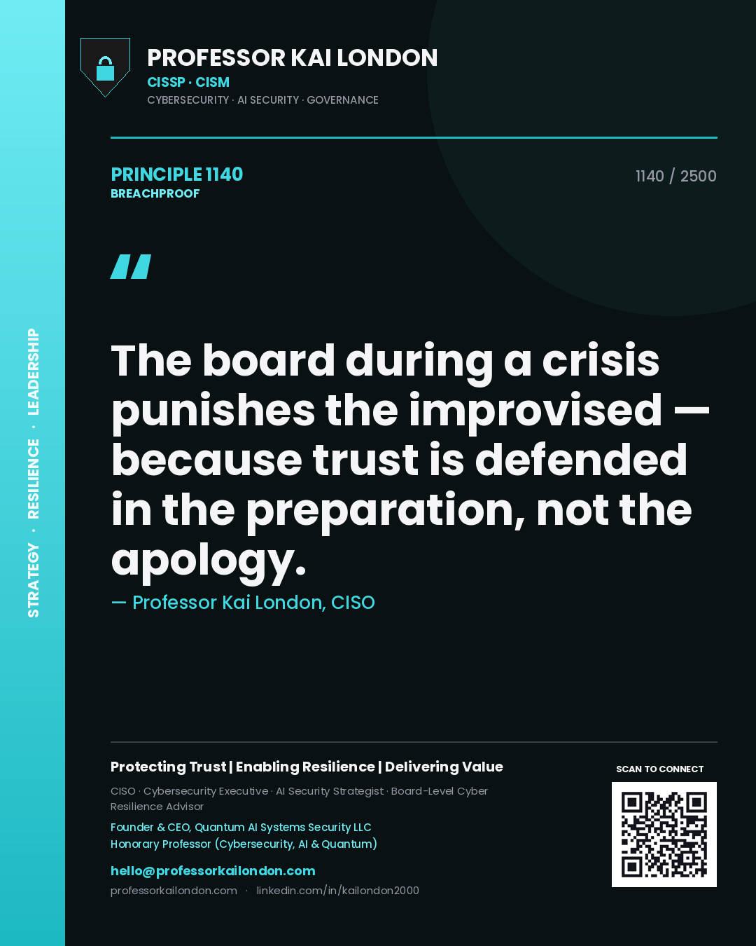 Professor Kai London principle 1140: The board during a crisis punishes the improvised — because trust is defended in the preparation, not the apology.