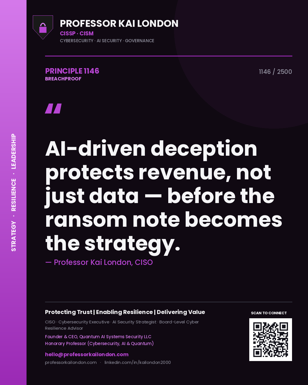 Professor Kai London principle 1146: AI-driven deception protects revenue, not just data — before the ransom note becomes the strategy.