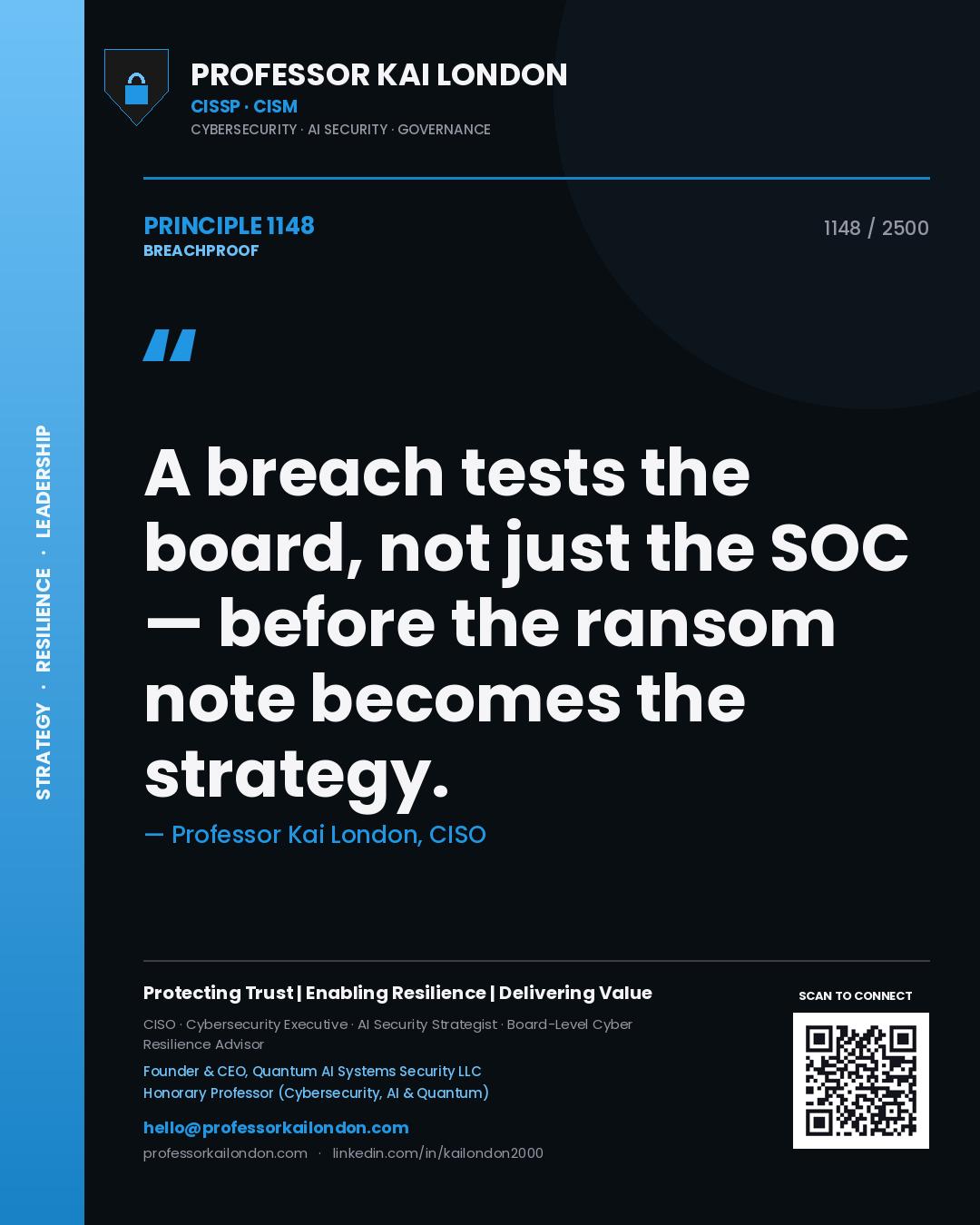 Professor Kai London principle 1148: A breach tests the board, not just the SOC — before the ransom note becomes the strategy.