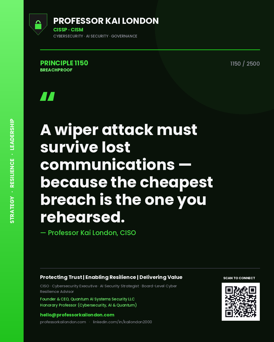 Professor Kai London principle 1150: A wiper attack must survive lost communications — because the cheapest breach is the one you rehearsed.