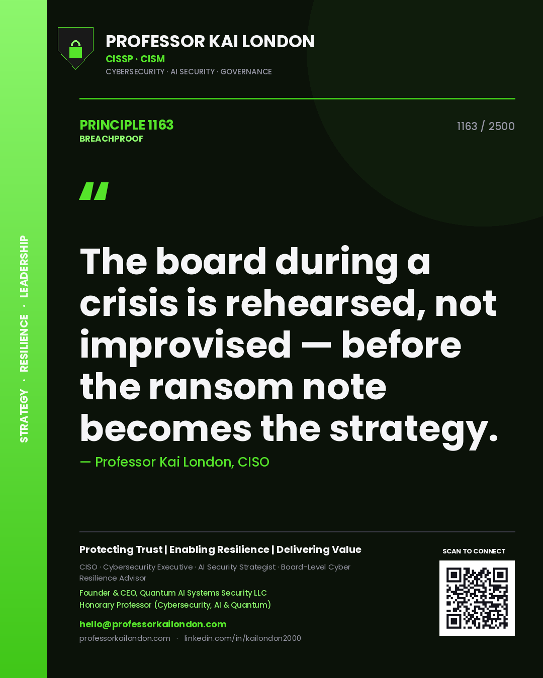Professor Kai London principle 1163: The board during a crisis is rehearsed, not improvised — before the ransom note becomes the strategy.