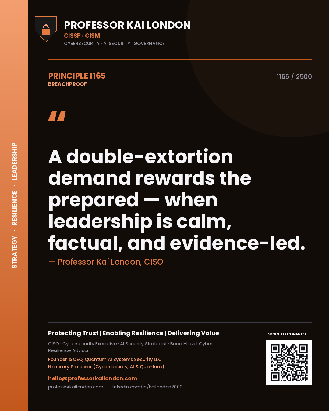 Professor Kai London principle 1165: A double-extortion demand rewards the prepared — when leadership is calm, factual, and evidence-led.
