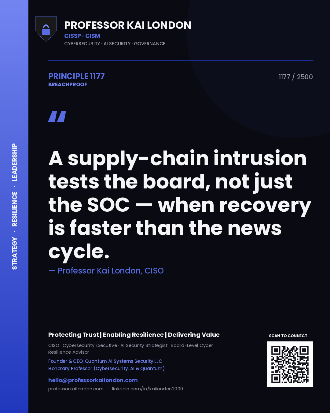 Professor Kai London principle 1177: A supply-chain intrusion tests the board, not just the SOC — when recovery is faster than the news cycle.